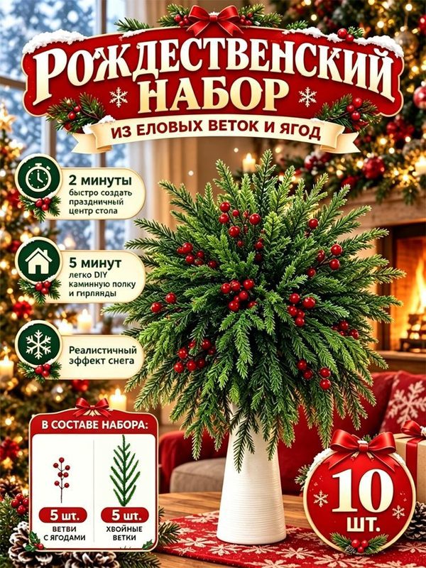 Заснеженная искусственная веточки сосны с ягодами