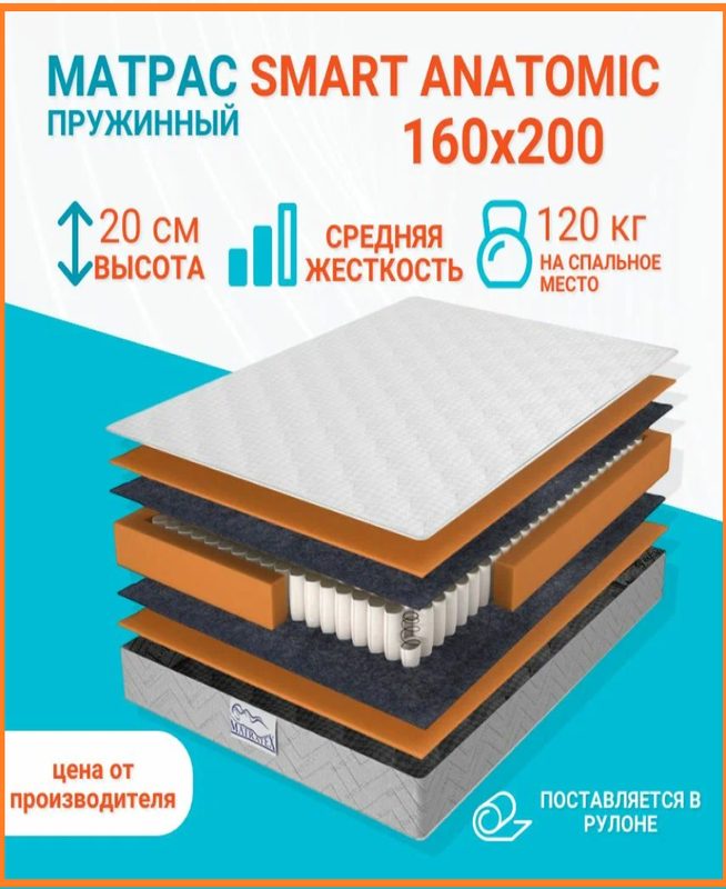 Ортопедический матрас MATRATEX "SMART ANATOMIC", независимые пружины, 80 см x 190 см
