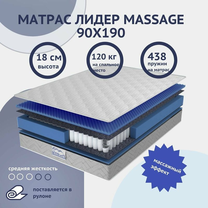Матрас 90х190 лидер MASSAGE 90х190 независимые пружины, ортопедический, односпальный, с массажным эффектом