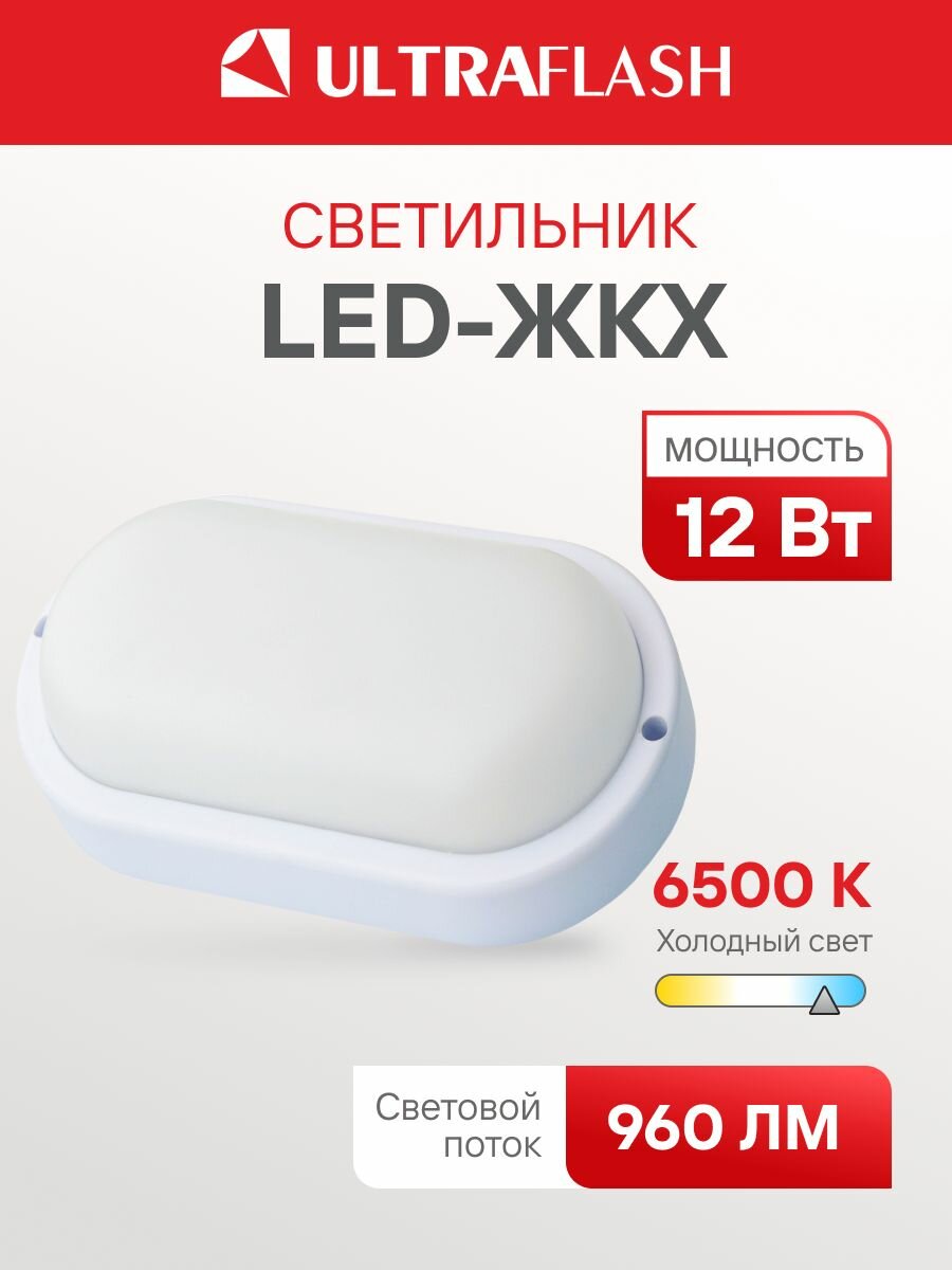 Светильник потолочный светодиодный Ultraflash ЖКХ, 12Вт, 6500К, IP65