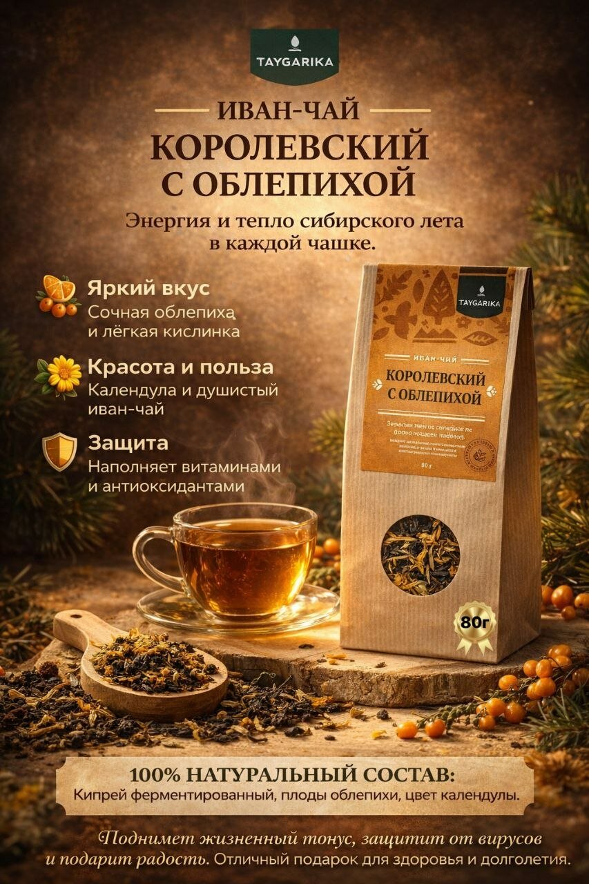 Иван-чай Taygarika "Королевский с облепихой", крупнолистовой, без искусственных ароматизаторов, 80 гр