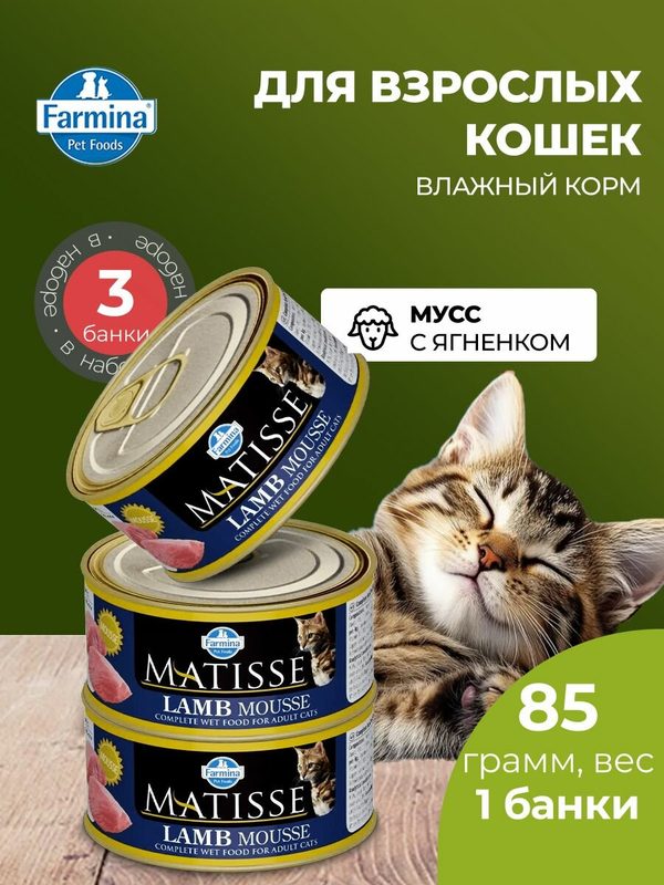 Корм консервированный для кошек Farmina Matisse, Матисс мусс для кошек с ягненком, влажный корм Фармина 85 г - 3 шт