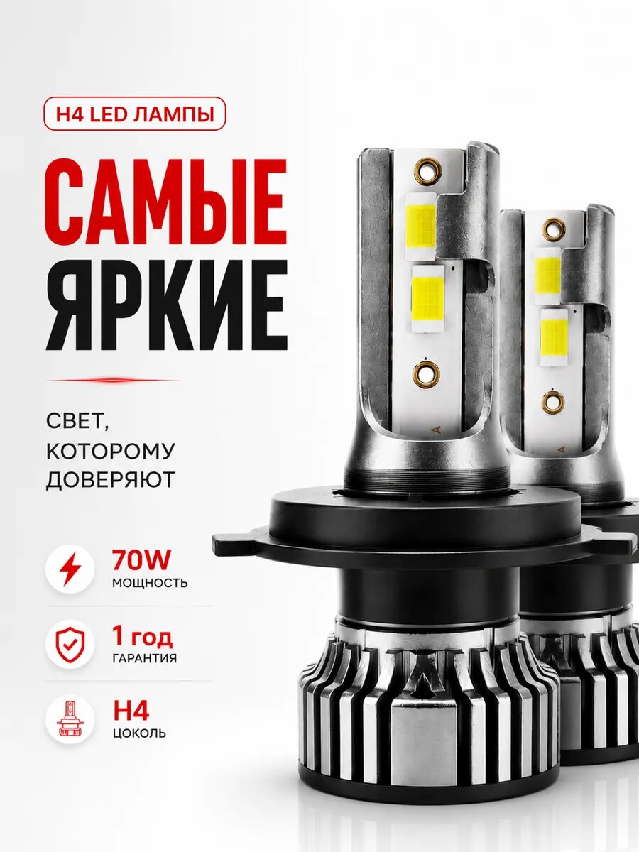 Светодиодные led лампы для авто диодные Standart Н4, 8000Лм, 5500К, 70Вт
