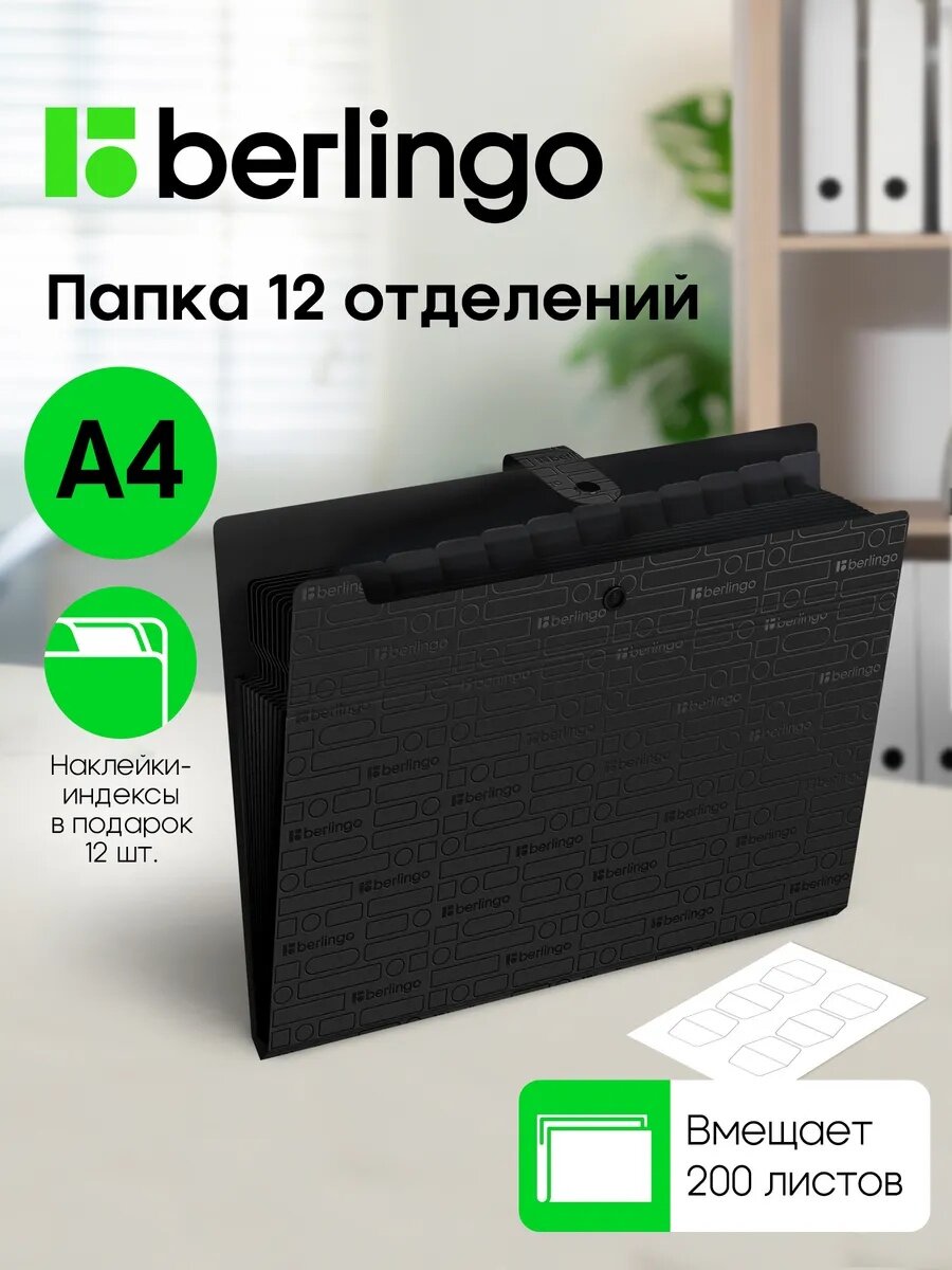 Папка для документов Berlingo "Your Way", А4, 600мкм, на кнопке, 12 отделений, черная