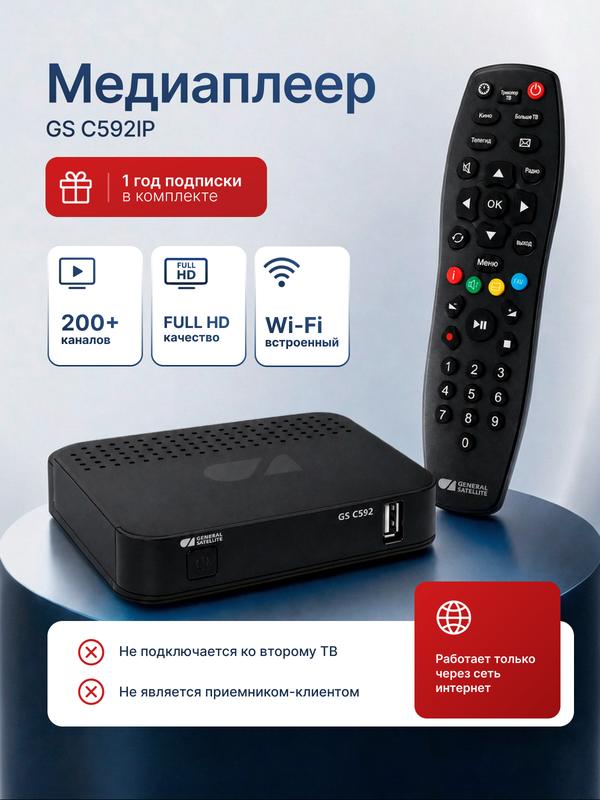 Приставка для телевизора, приемник-IP Триколор для просмотра через интернет GS C592IP (+1 год подписки)