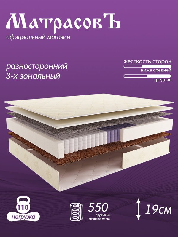 МатрасовЪ Матрас Лидер , С зональным пружинным блоком, 140х200 см