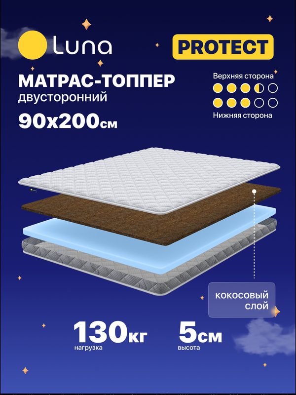 Матрас-топпер Luna Protect 90х200 см, с кокосовой койрой, двухсторонний с разной жесткостью сторон, высота 5 см