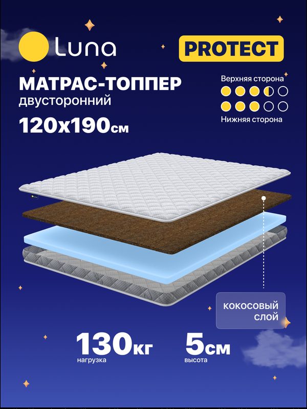Матрас-топпер Luna Protect 120х190 см, с кокосовой койрой, двухсторонний с разной жесткостью сторон, высота 5 см