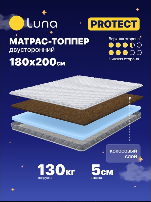 Матрас-топпер Luna Protect 180х200 см, с кокосовой койрой, двухсторонний с разной жесткостью сторон, высота 5 см