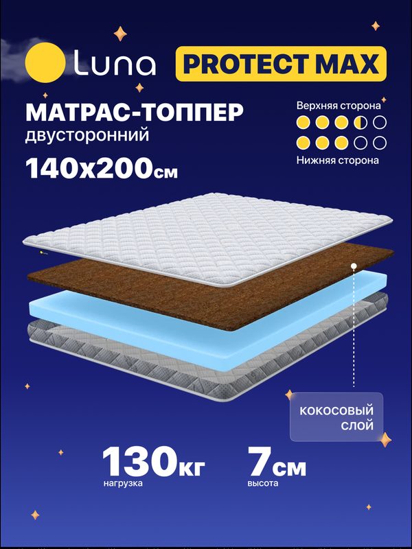 Матрас-топпер Luna Protect Max 140х200 см, с кокосовой койрой, двухсторонний с разной жесткостью сторон, высота 7 см