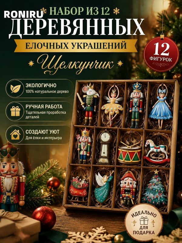 Набор из 12 деревянных елочных украшений «Щелкунчик» — экологичный декор для рождественской елки и дома, для уюта