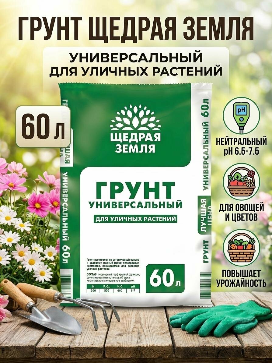 Грунт Щедрая земля для уличных растений 60 л — универсальная почвосмесь для сада, огорода и декоративных культур