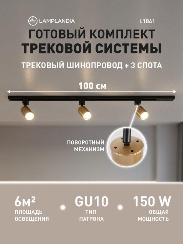 Комплект трековых светильников Lamplandia L1841 TRACK BLACK + GOLD PAINTED 100, GU10*3 макс 50Вт