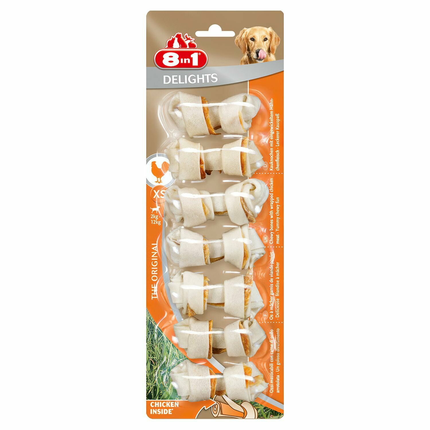 Лакомство для собак 8in1 DELIGHTS косточки сверхпрочные с куриным мясом для мелких и миниатюрных пород, размер XS 7,5 см (7 шт. в уп.)