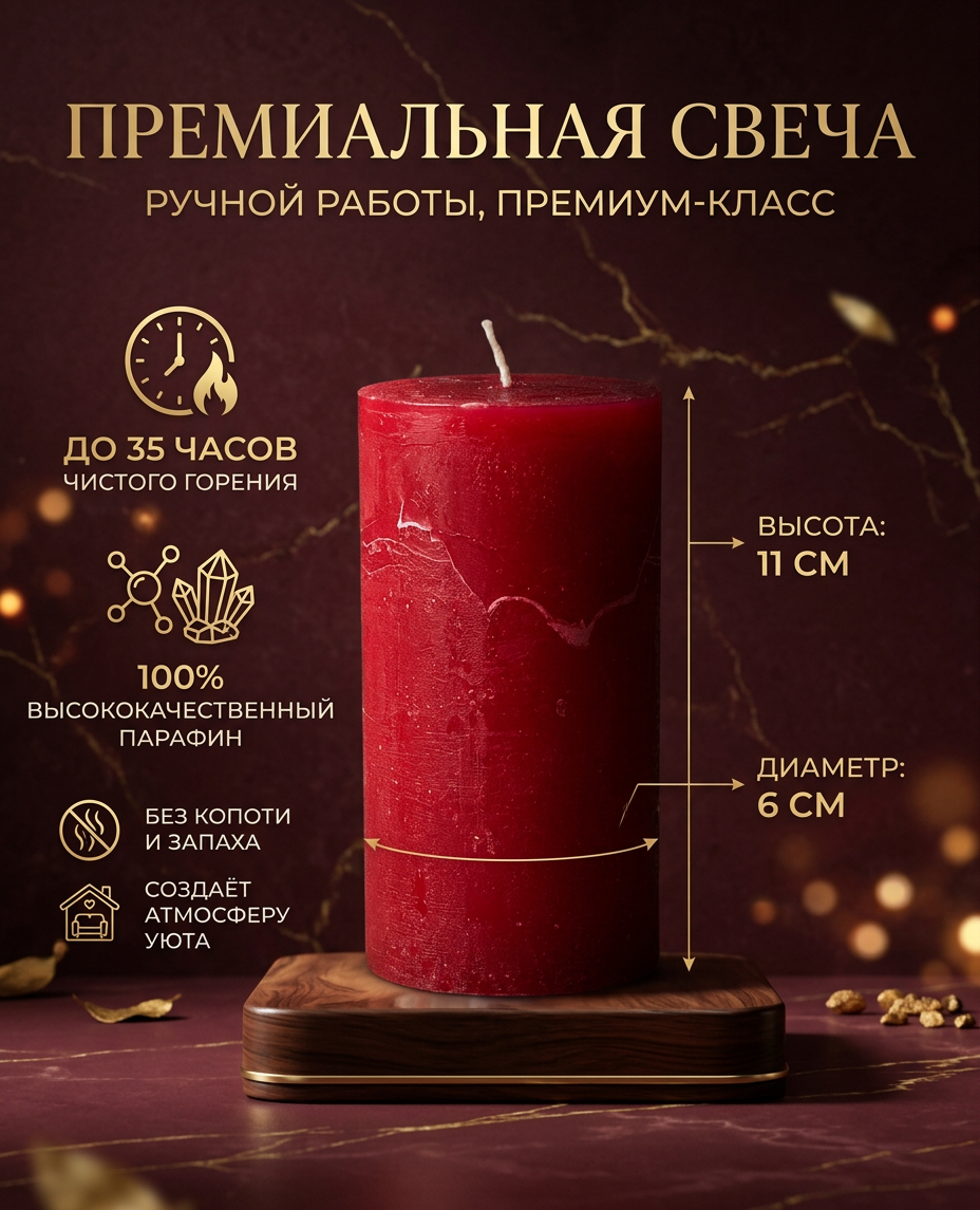Свеча-столбик Рустик Candle Art, красный цвет, парафин, 11см