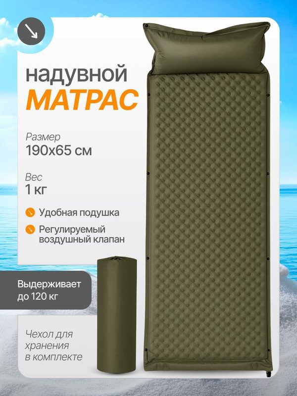 Самонадувающийся коврик 190х65 см с надувной подушкой для кемпинга / Матрас туристический многосекционный темно-зеленый