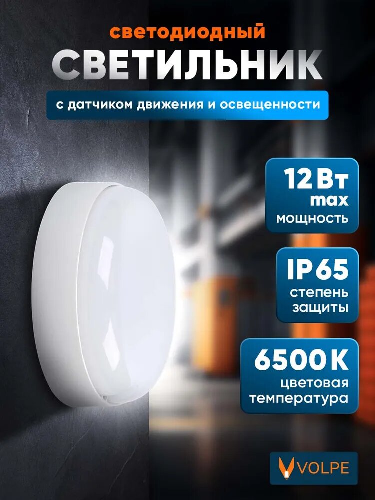 Светильник потолочный светодиодный, влагозащищенный, с датчиком освещенности и движения, 12 Вт, 6500К, IP65, Volpe