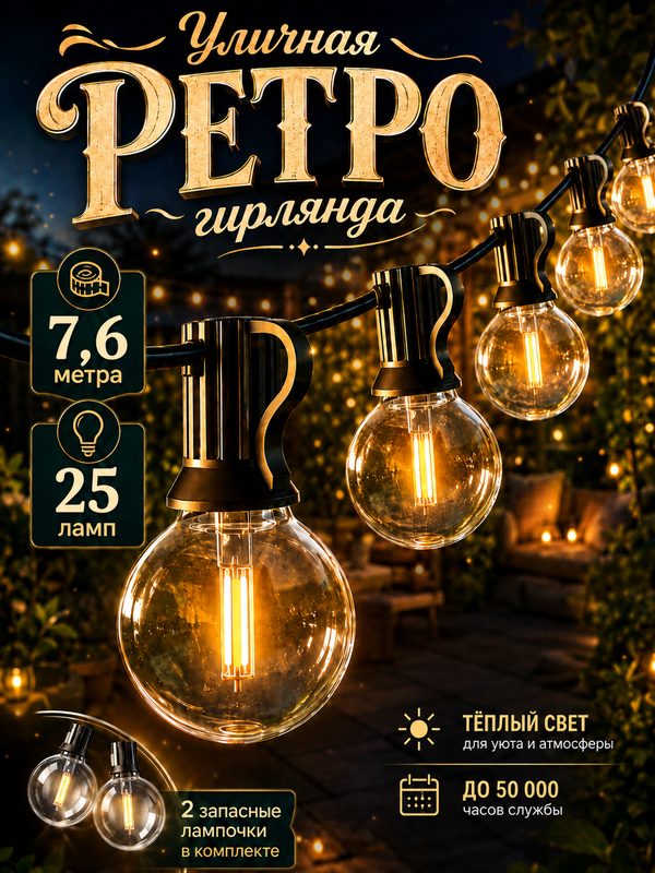 Гирлянда уличная садовая LED ретро лампочки 7.6 метра защита IP44