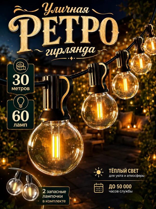 Ретро гирлянда уличная от сети 30 метров 60 ламп