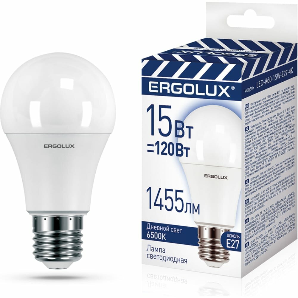 Светодиодная лампа Ergolux Led-a60-15w-e27-6k лон 15вт е27 6500к 220-240в, промо 14784 от ELEMENTX