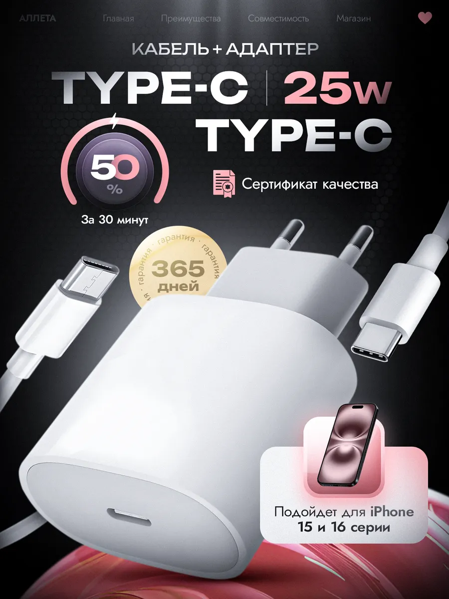 Зарядное устройство 25Вт + кабель type-c type-c/Быстрая зарядка Iphone 15,16 +Android