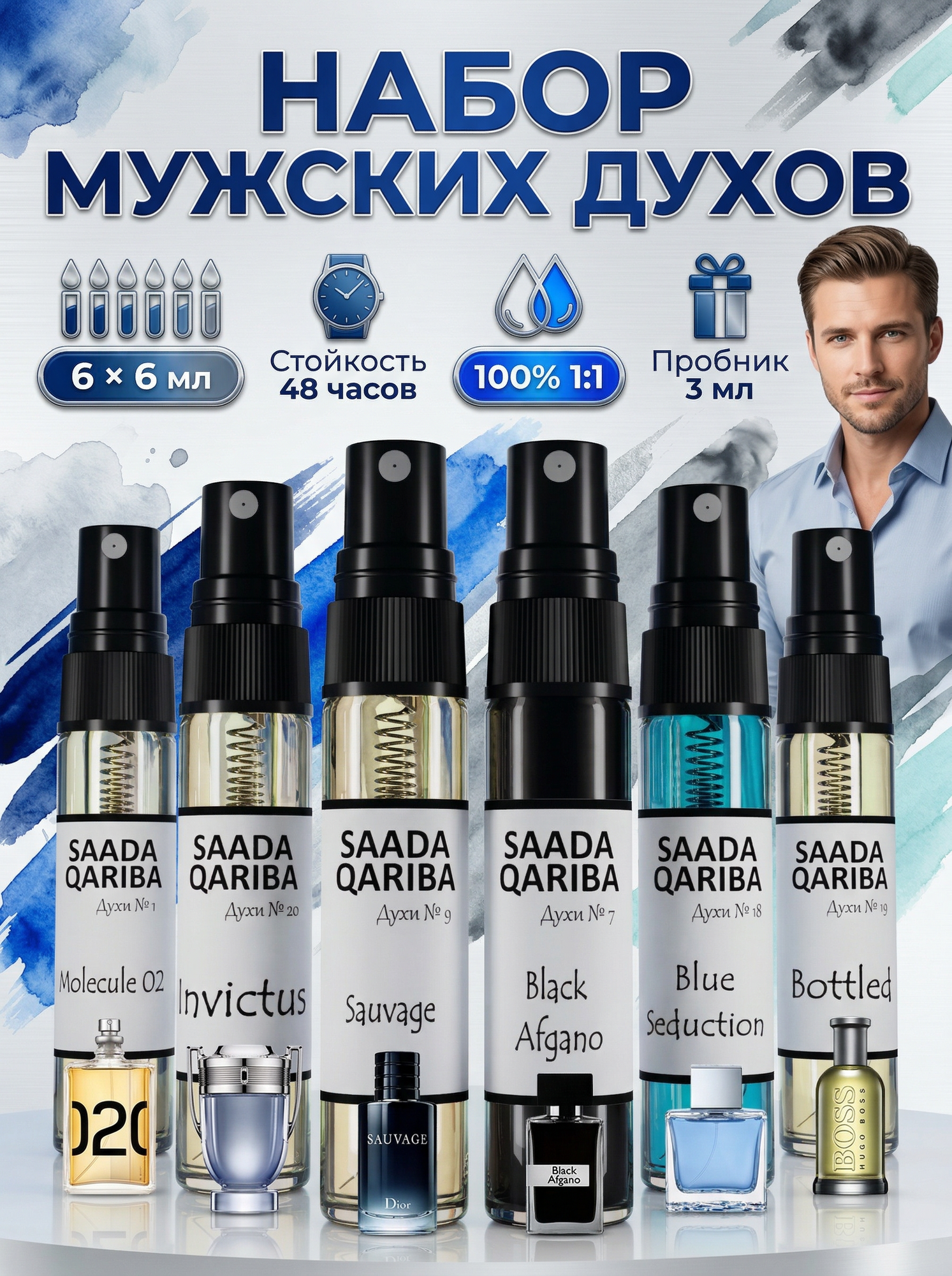 Подарочный набор духов мужской (1,7,9,18,19,20) SAADA QARIBA 6 шт по 6 мл