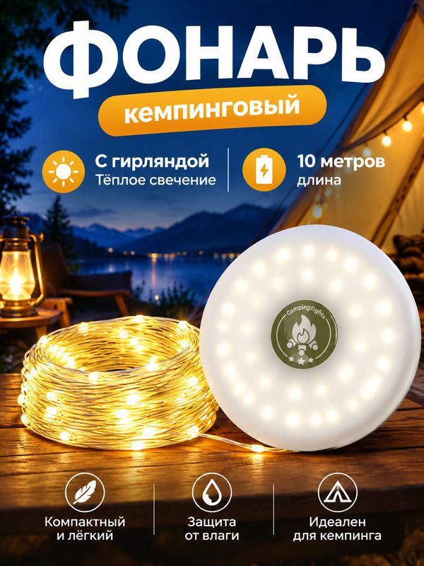 Кемпинговый фонарь с LED-гирляндой 10 м для отдыха на природе, украшения дачи