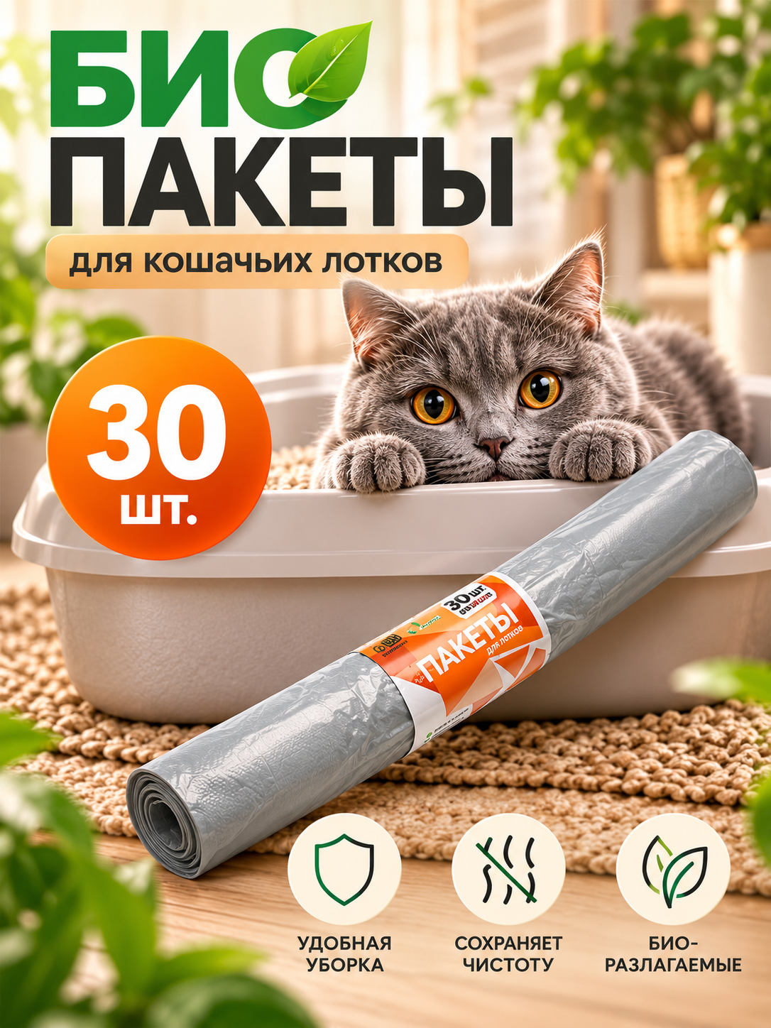 БИО Пакеты для кошачьих лотков "Пижон" 45х65 см, 12 мкм, 30 шт, серые