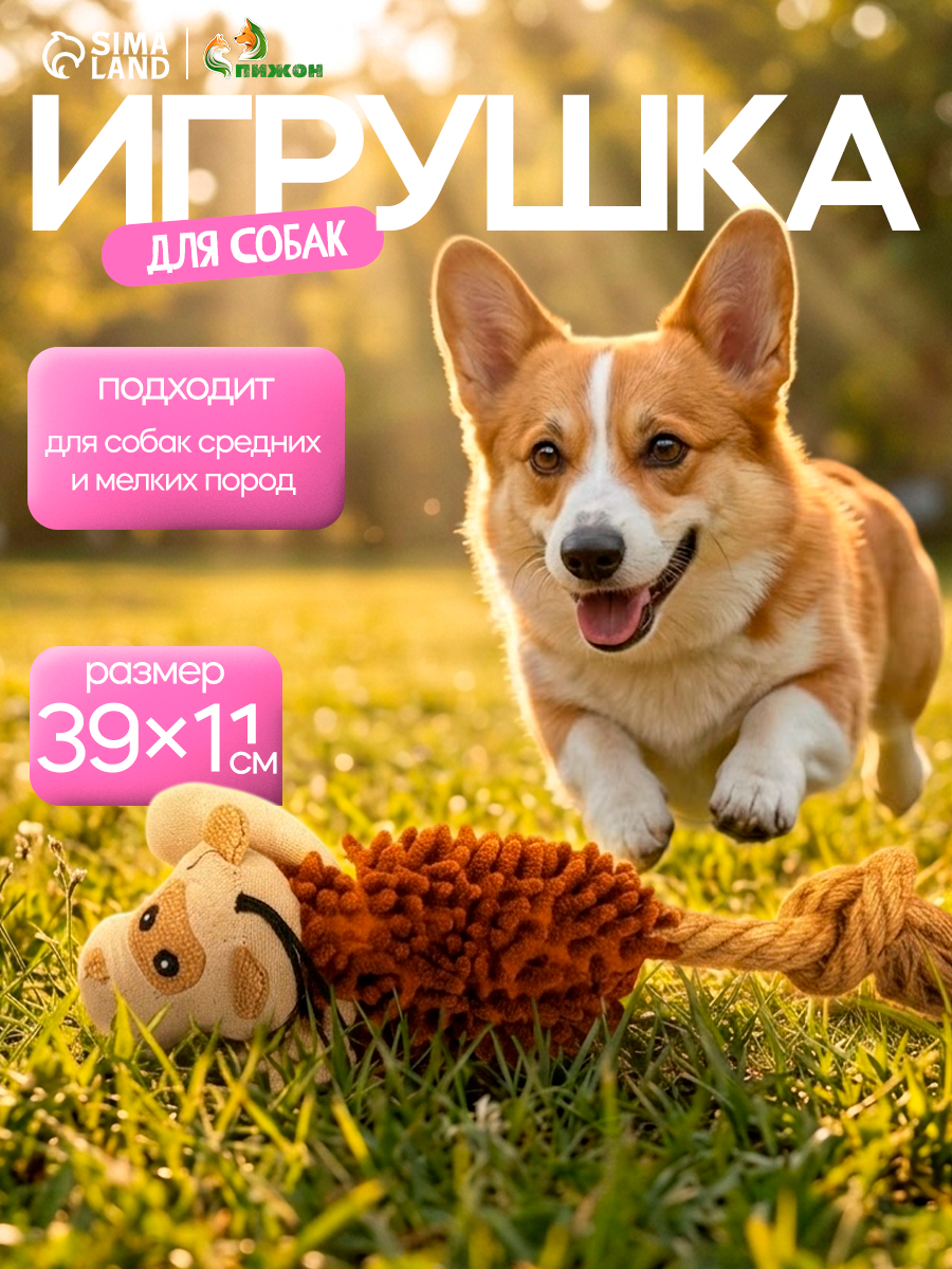 Игрушка мягкая для собак «Пёс» с пищалкой и канатом, 39×11 см, коричневая