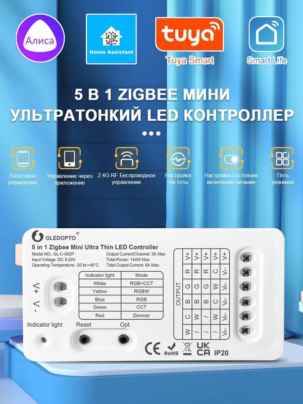 Универсальный контроллер светодиодной ленты ZigBee 5-24V Gledopto (mini) 5in1 Поддержка RGBCCT/RGBW/RGB/CCT/Dimmer
