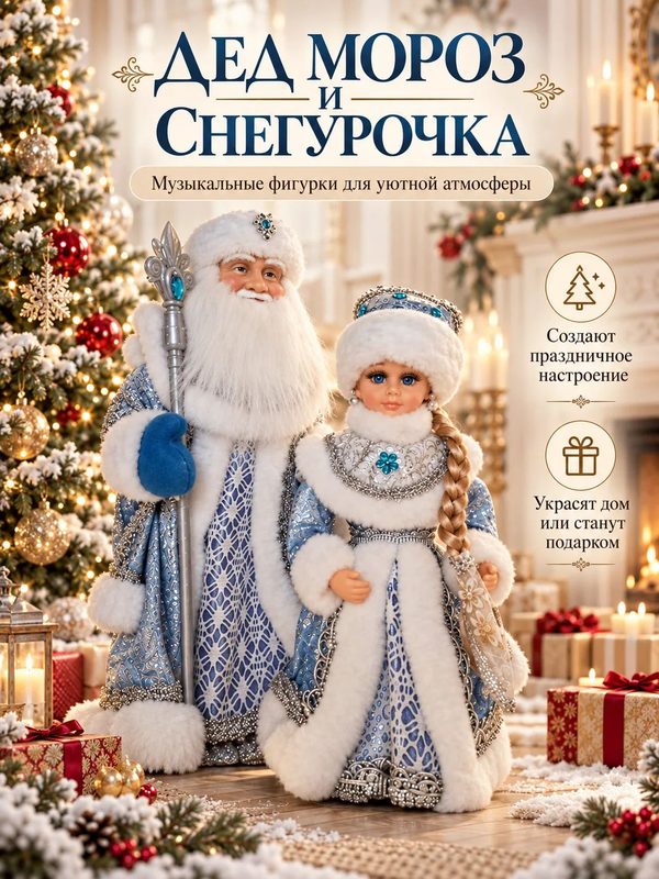 Набор фигурок "Дед Мороз и Снегурочка", музыкальные, высота 40 см, 30 см