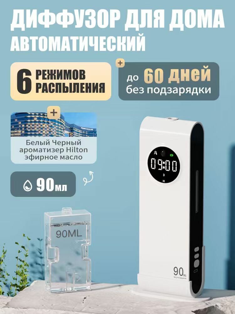 Увлажнитель воздуха, портативный LED подсветкой, Аромадиффузор, белый,90 мл, Масло аромата Хилтон, для квартиры