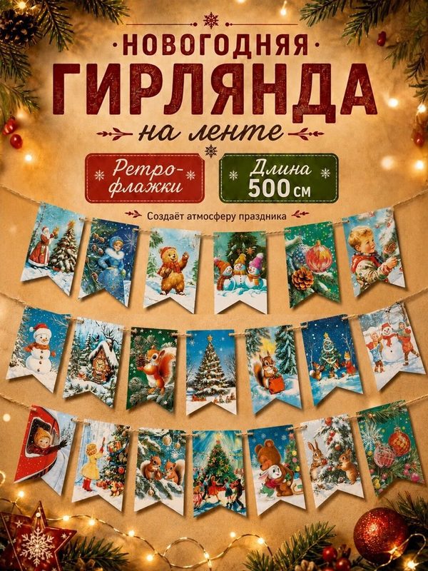 Гирлянда Страна Карнавалия "Новый год", на ленте, 5 м, ретро стиль