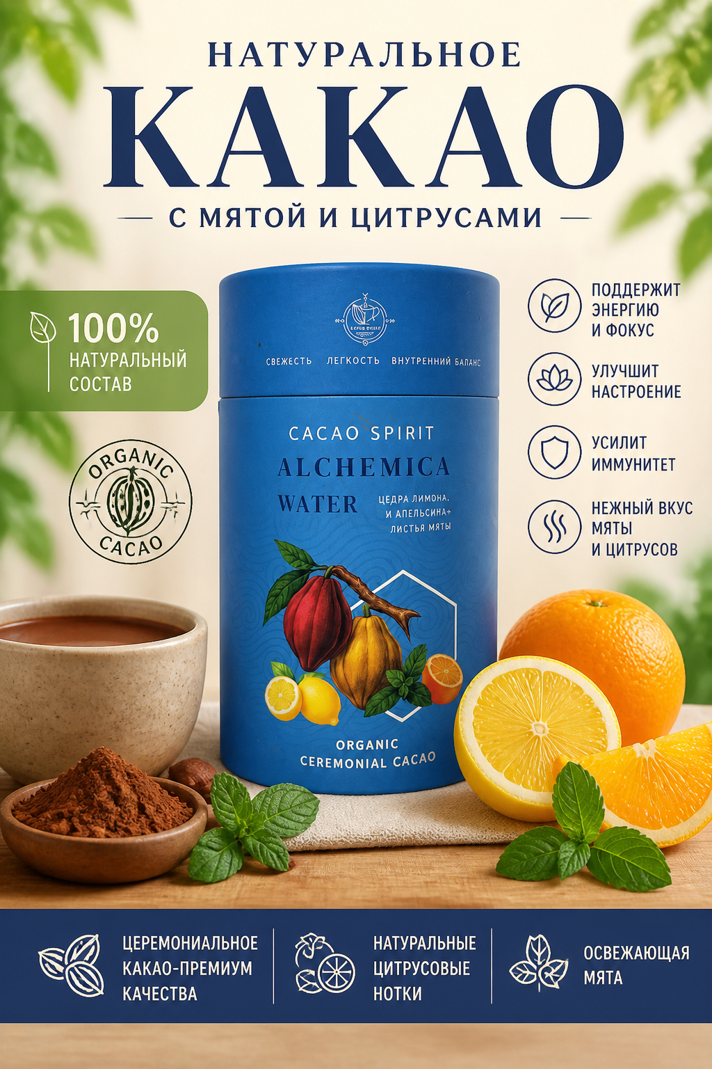 Какао рассыпчатое для какао церемоний с добавлением мяты и цитрусов.
