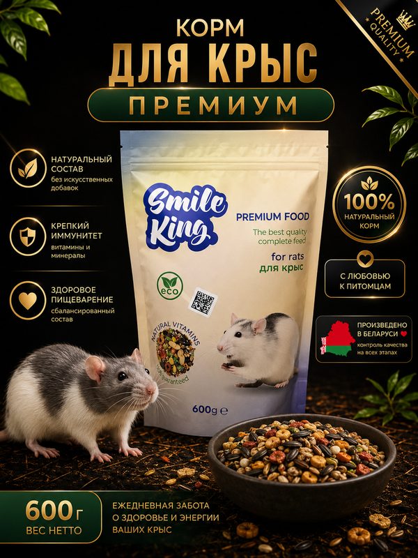 Корм для крыс Smile King PREMIUM, беззерновой, премиум, 600 грамм