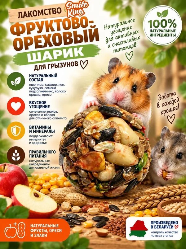 Лакомство для грызунов и кроликов Smile King шарик фруктово-ореховый 25г