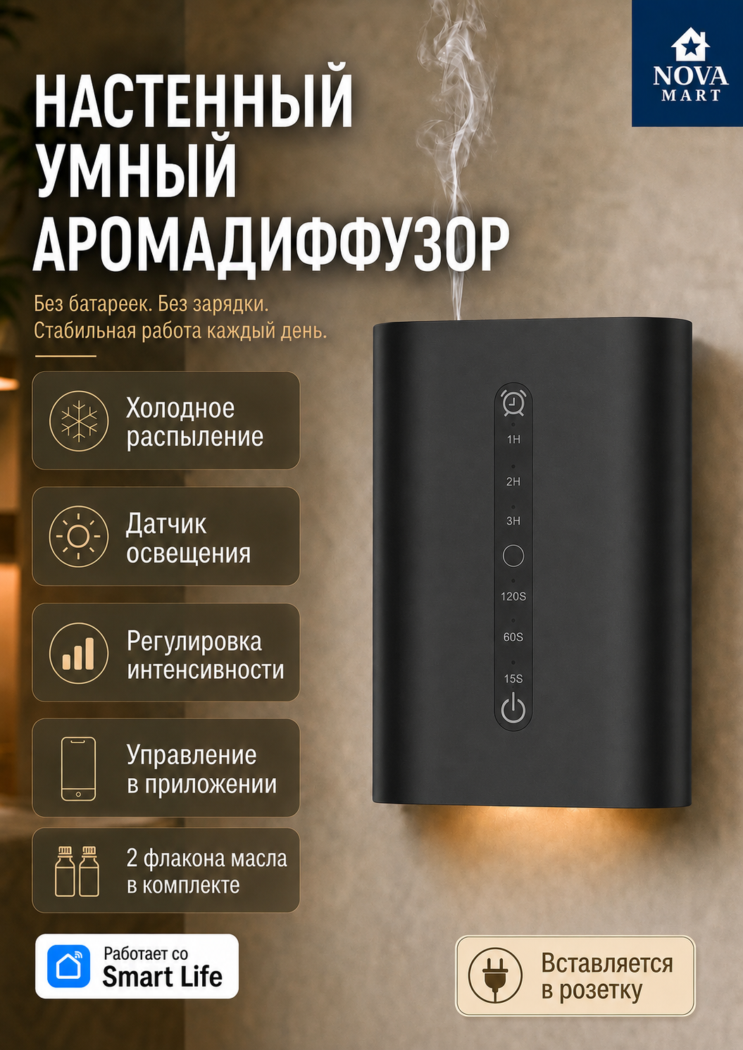 Умный настенный аромадиффузор с подсветкой Greaz с управлением через приложение, для дома, офиса, SPA - черный