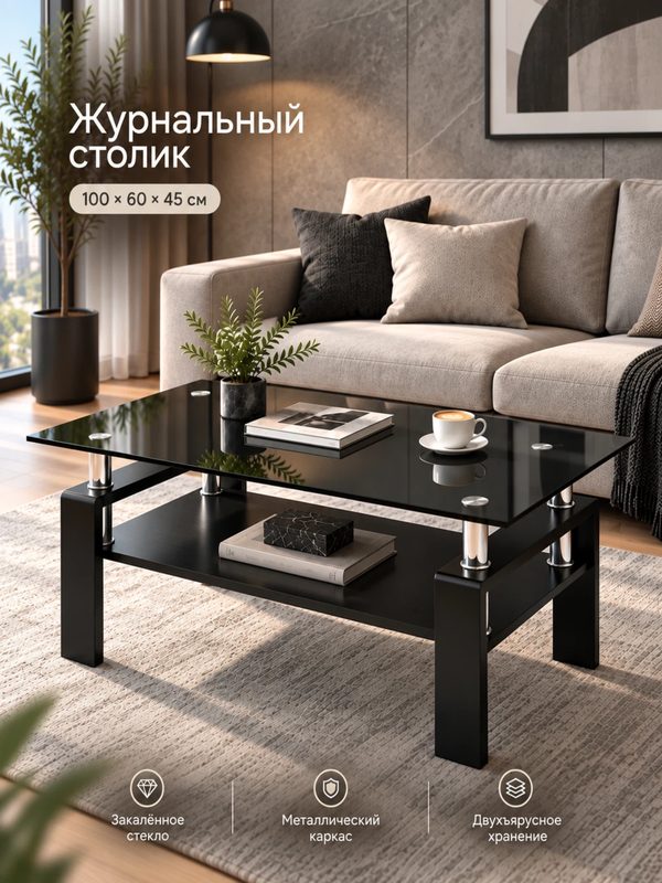 Журнальный столик из стекла и МДФ 100x60 см, черный, 2 полки, до 100 кг, для гостиной в стиле лофт