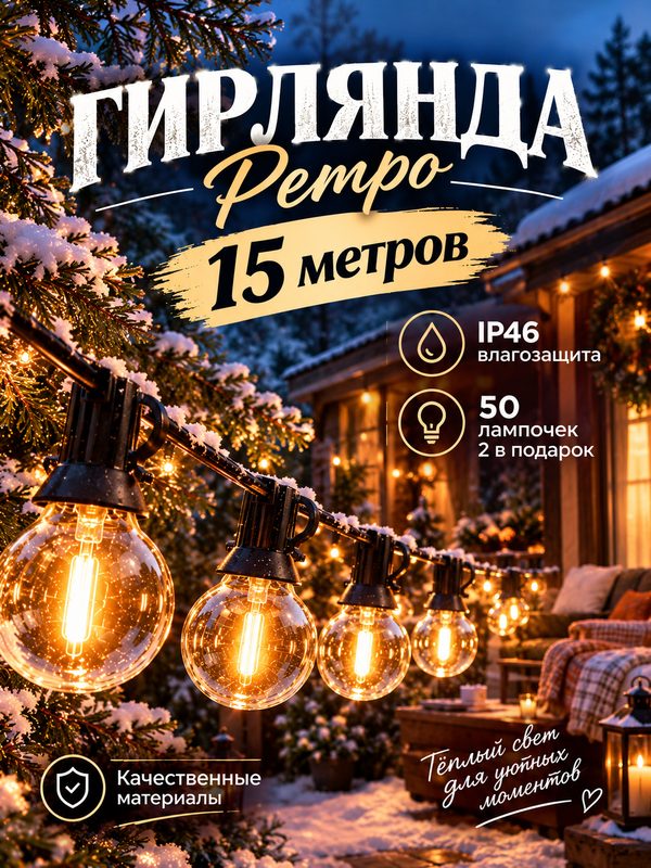 Ретро гирлянда уличная садовая 15 метров 50 ламп теплый свет