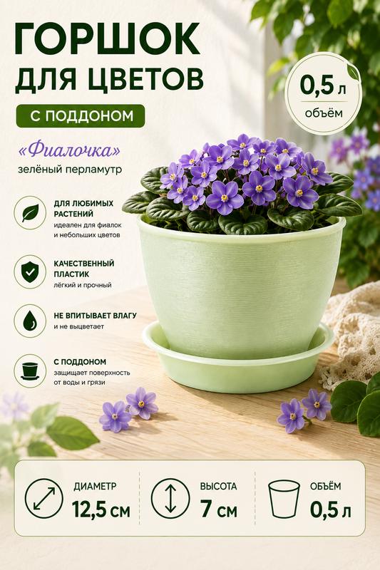 Горшок для цветов с поддоном 0,5 л, d=12,5 см, h=7 см, "Фиалочка", зеленый перламутр