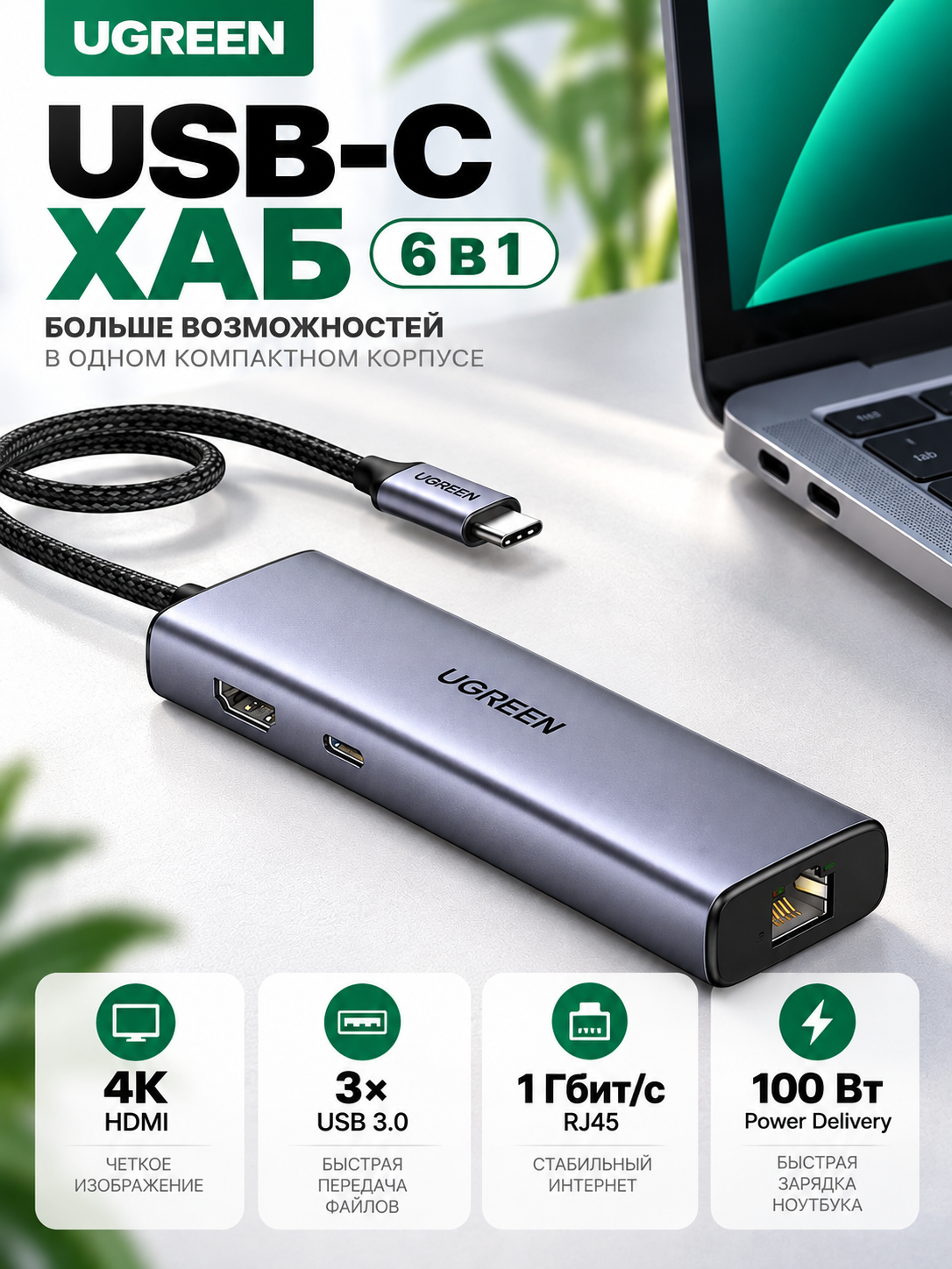 Хаб UGREEN CM512 (15598) USB-C To 3*USB 3.0 A+HDMI+RJ45+PD Converter - Gray
