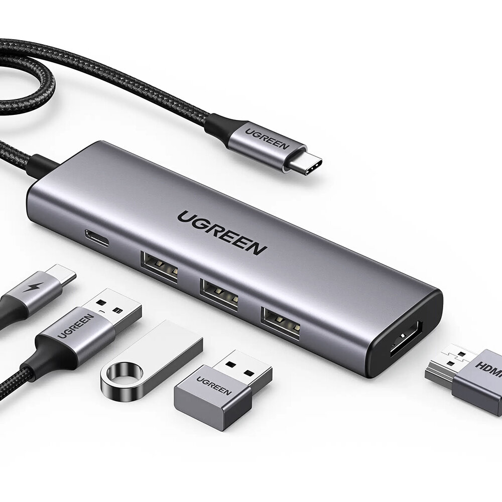 Хаб Ugreen CM511 (15596) USB Type-C to HDMI / 3 x USB 3.0 / USB-Type-C (PD) серебристый