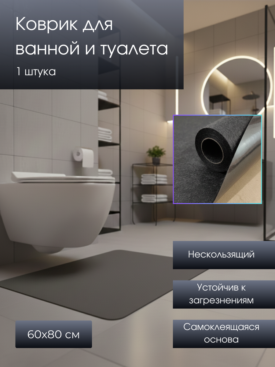 Коврик для ванной и туалета, самоклеящийся, противоскользящий, 60 см х 80 см, (арт ЛН)