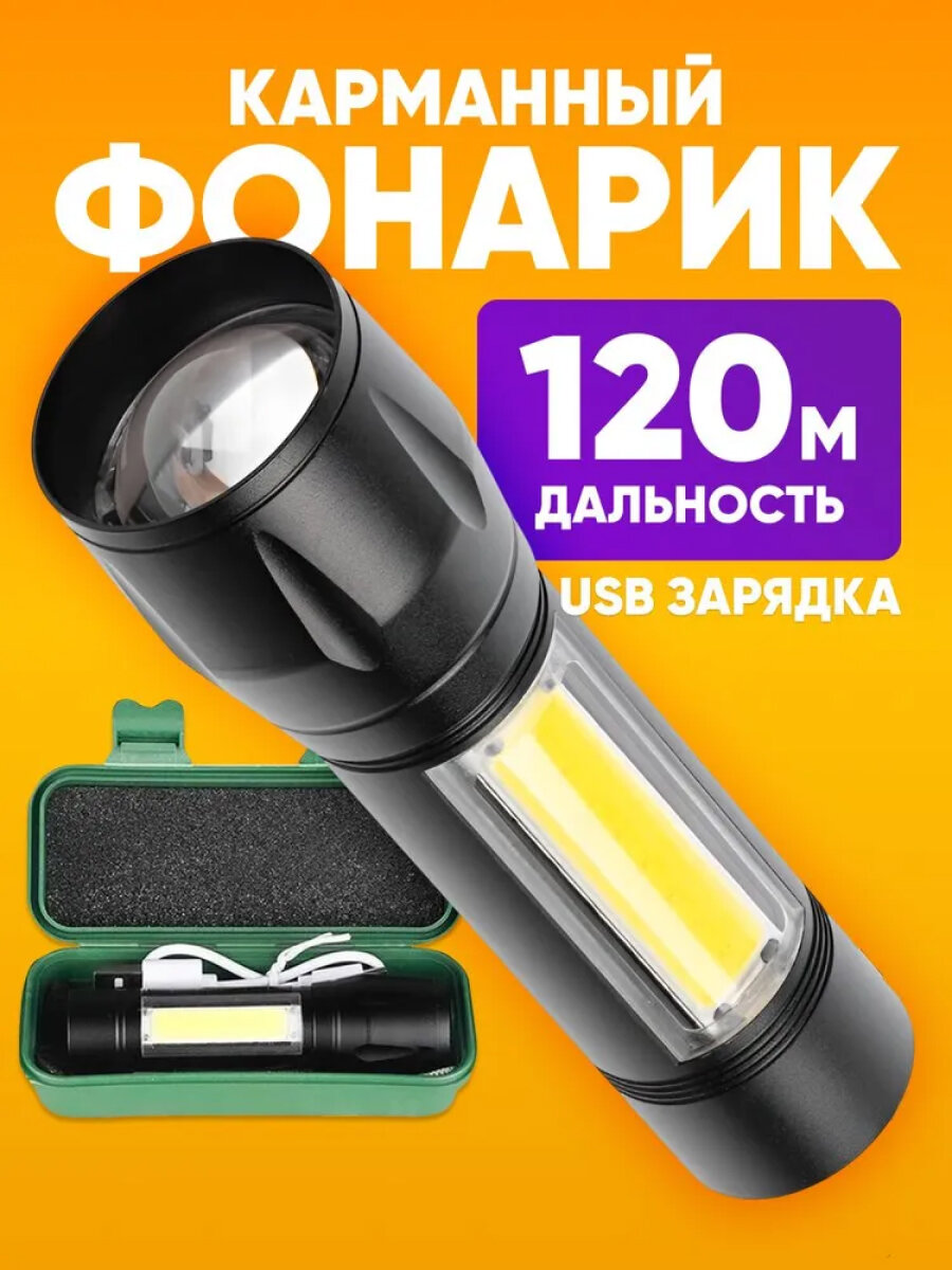 Светодиодный, ручной аккумуляторный фонарь с зарядкой от сети / туристический фонарик / кемпинговый фонарь с zoom