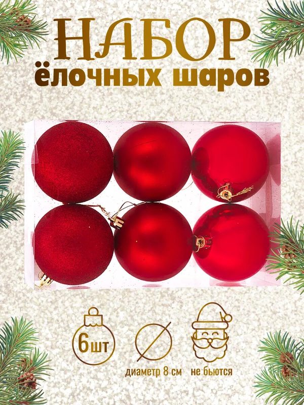 Набор новогодних красных ёлочных шаров "Шёлк, бархат, люрекс" 8 см (6 шт.) НШ-1406