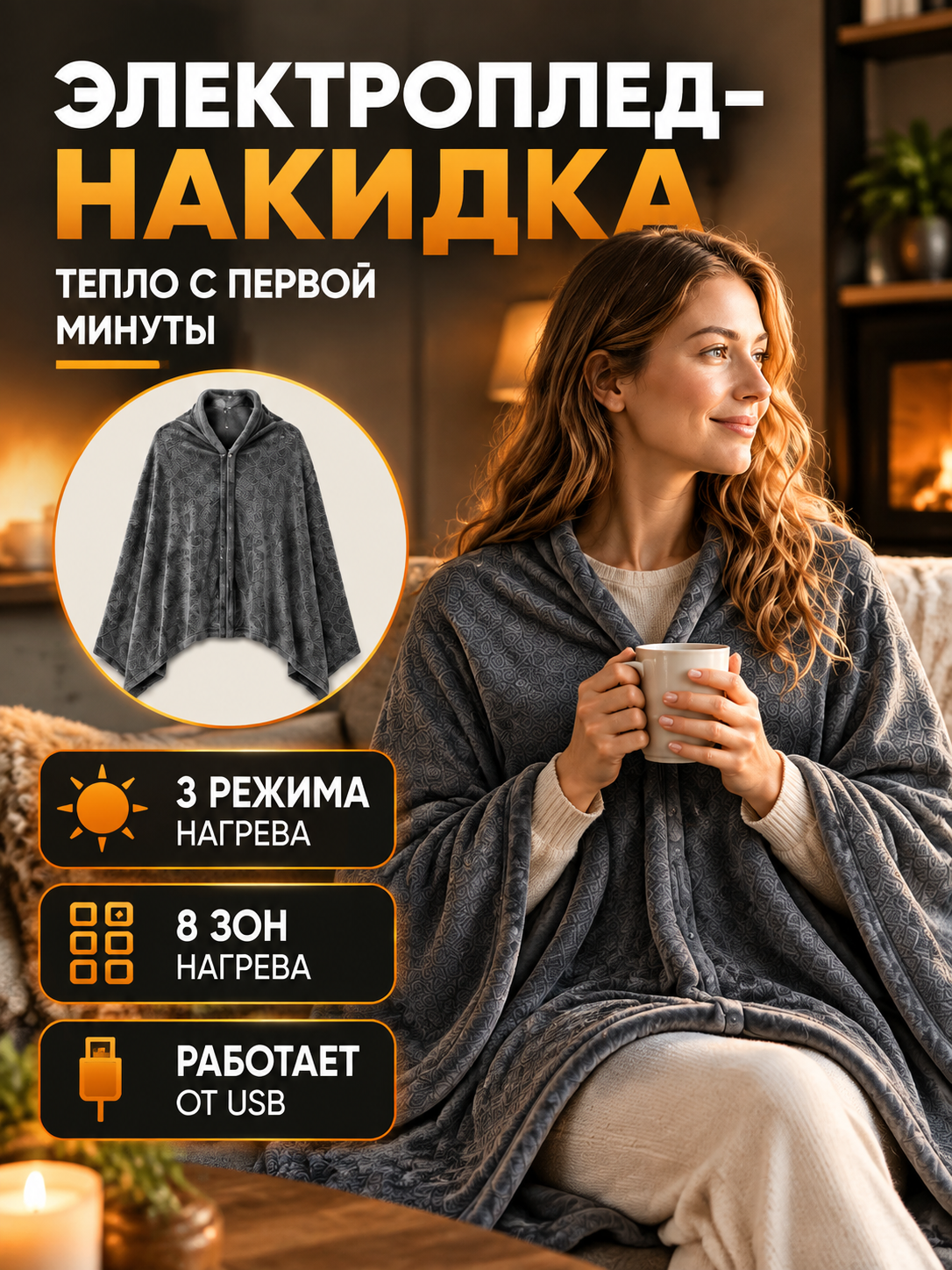 Плед с подогревом usb для дома, в машину, на дачу 150х80 см, электроодеяло