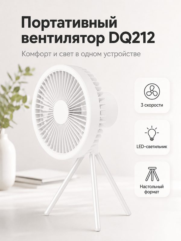 Портативный вентилятор DQ212 с LED-светильником, 3 скорости, таймер, настольный и подвесной, White