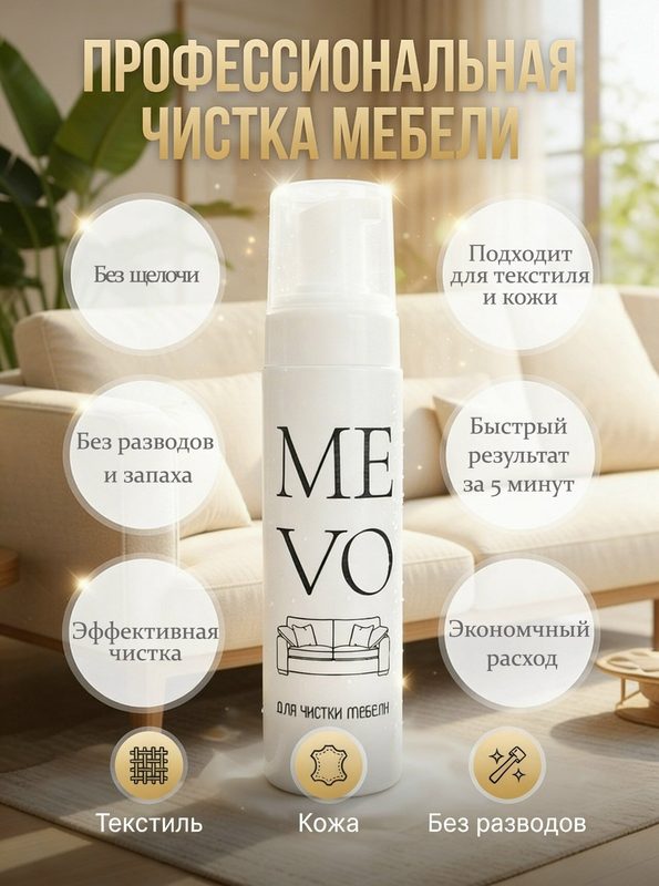 Средство для чистки мебели "ME-VO", с дозатором. Пена для всех типов тканей