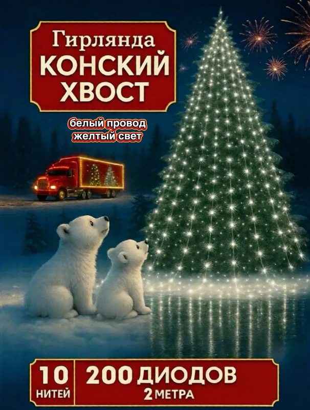 Гирлянда новогодняя на ёлку Конский хвост, белый провод, тёплый свет, 2м, 200 лампочек, 10 нитей
