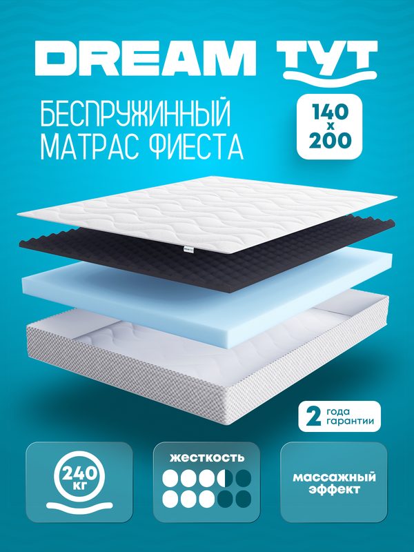 Матрас DREAM TYT Фиеста, беспружинный, ортопедический, 140 x 200 см